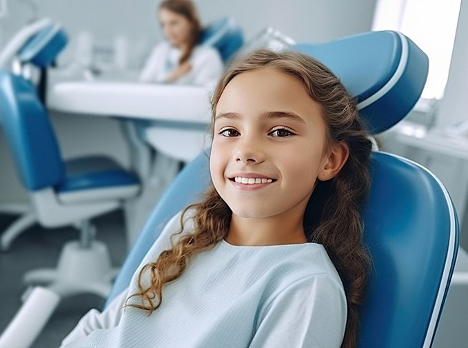 Smiling young girl in dental treatment chair