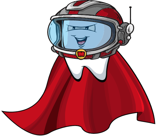 Animated tooth dressed as a superhero with a helmet