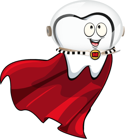 Animated tooth dressed as a superhero