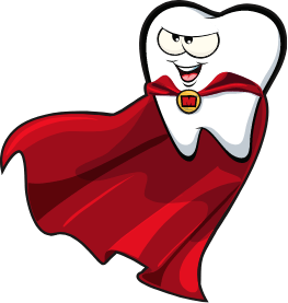 Animated tooth dressed as a superhero