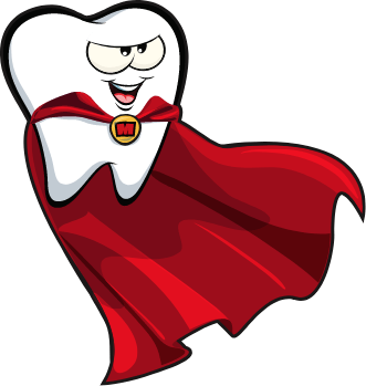 Animated tooth dressed as a superhero