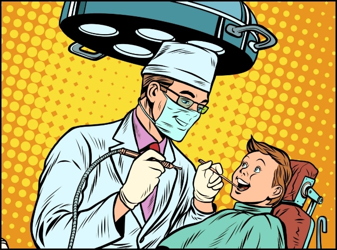 Animated dentist treating young patient