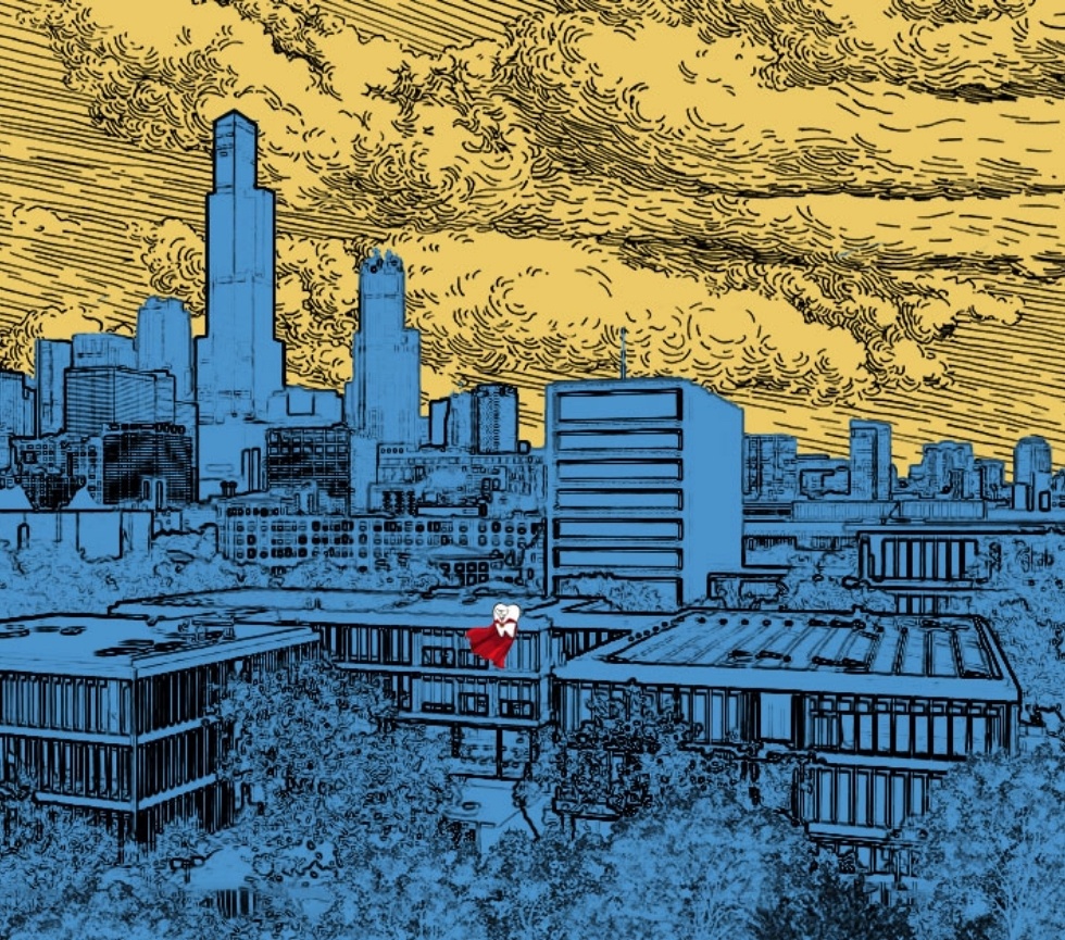 Animated city with tooth dressed as a superhero