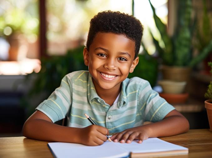 young boy smiles while writing at school 